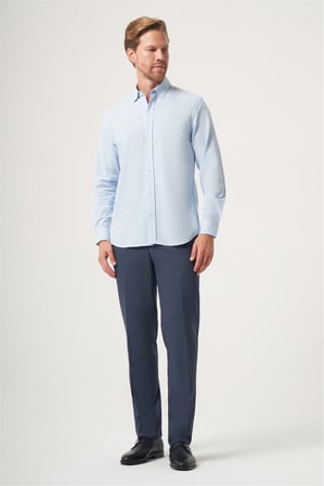 Mavi Biritli Yaka Uzun Kol Cepsiz Slim Fit Pamuklu Gömlek 1004260207