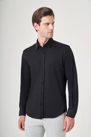 Siyah Tulum Yaka Uzun Kol Cepsiz Örme Slim Fit Pamuklu Gömlek 1004260208