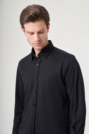 Siyah Tulum Yaka Uzun Kol Cepsiz Örme Slim Fit Pamuklu Gömlek 1004260208