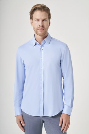 Mavi Tulum Yaka Uzun Kol Cepsiz Örme Slim Fit Pamuklu Gömlek 1004260208