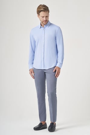 Mavi Tulum Yaka Uzun Kol Cepsiz Örme Slim Fit Pamuklu Gömlek 1004260208