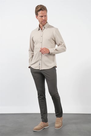 Bej Tulum Yaka Uzun Kol Cepsiz Örme Slim Fit Pamuklu Gömlek 1004260208