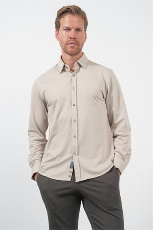 Bej Tulum Yaka Uzun Kol Cepsiz Örme Slim Fit Pamuklu Gömlek 1004260208