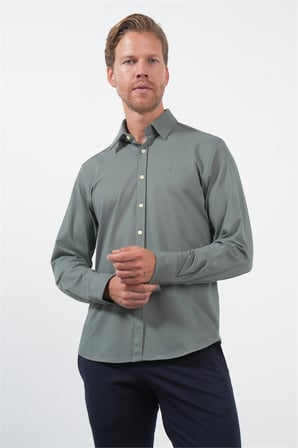 Haki Tulum Yaka Uzun Kol Cepsiz Örme Slim Fit Pamuklu Gömlek 1004260208