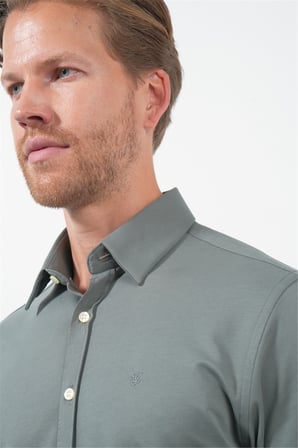 Haki Tulum Yaka Uzun Kol Cepsiz Örme Slim Fit Pamuklu Gömlek 1004260208