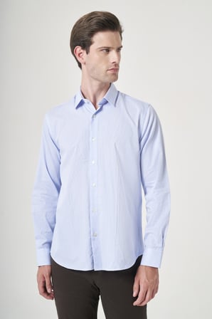 Beyaz-Mavi Sert Yaka Uzun Kol Cepsiz Slim Fit %100 Pamuk Gömlek 1004260209