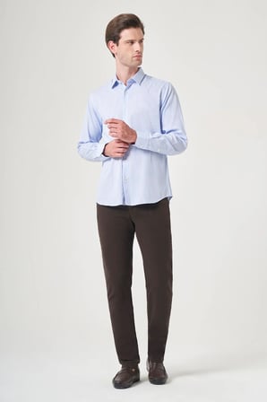 Beyaz-Mavi Sert Yaka Uzun Kol Cepsiz Slim Fit %100 Pamuk Gömlek 1004260209