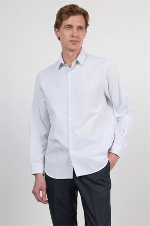 Beyaz - K.Mavi Sert Yaka Uzun Kol Cepsiz Slim Fit Pamuklu Gömlek 1004260210