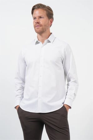 Beyaz-Lila Sert Yaka Uzun Kol Cepsiz Slim Fit Pamuklu Gömlek 1004260210