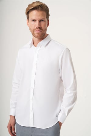 Beyaz Sert Yaka Uzun Kol Cepsiz Slim Fit %100 Pamuk Gömlek 1004260211