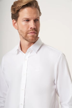 Beyaz Sert Yaka Uzun Kol Cepsiz Slim Fit %100 Pamuk Gömlek 1004260211