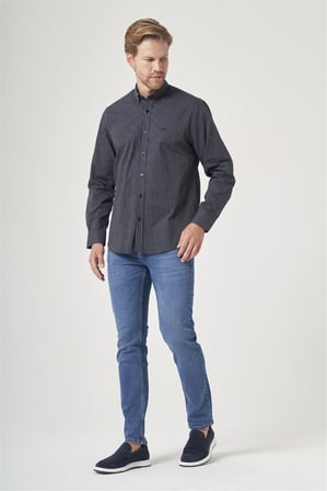 Siyah-Beyaz Düğmeli Yaka Uzun Kol Cepli Comfort Fit %100 Pamuk Gömlek 1004260212