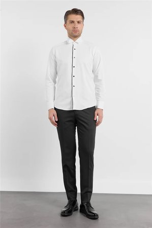 Beyaz Uzun Kol Ata Yaka Düz Pamuklu Slim Fit Gömlek 1004260215