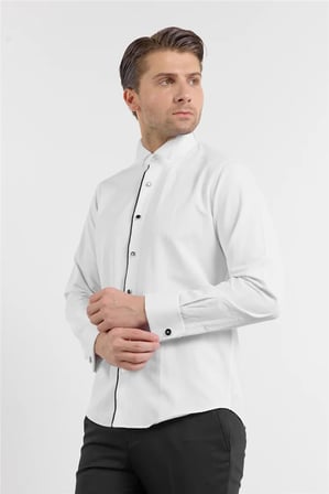 Beyaz Uzun Kol Ata Yaka Düz Pamuklu Slim Fit Gömlek 1004260215