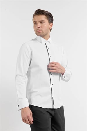 Beyaz Uzun Kol Ata Yaka Düz Pamuklu Slim Fit Gömlek 1004260215