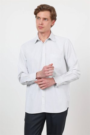 Beyaz - Siyah Sert Yaka Uzun Kol Cepli Comfort Fit Pamuklu Gömlek 1004260222