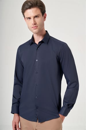 Lacivert Sert Yaka Uzun Kol Cepsiz Slim Fit Esnek Su İtici Gömlek 1004260234