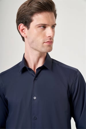 Lacivert Sert Yaka Uzun Kol Cepsiz Slim Fit Esnek Su İtici Gömlek 1004260234