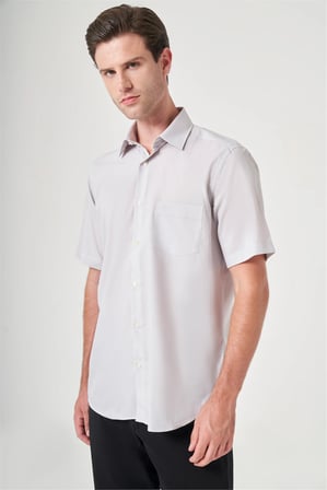 Taş Rengi Sert Yaka Kısa Kol Cepli Comfort Fit Pamuklu Gömlek 1004260258
