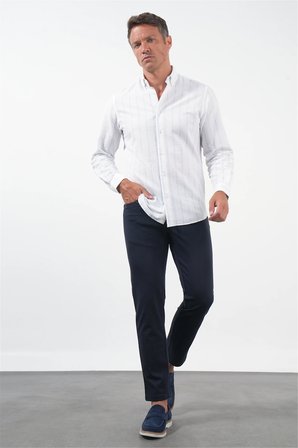 Beyaz-Mavi Yumuşak Yaka Uzun Kol Slim Fit Pamuklu Gömlek 1004260259