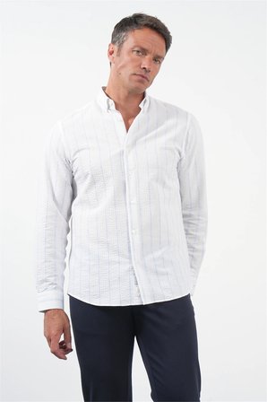 Beyaz-Mavi Yumuşak Yaka Uzun Kol Slim Fit Pamuklu Gömlek 1004260259