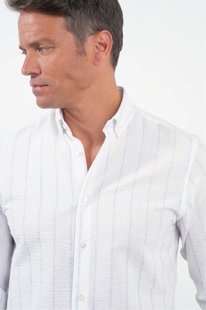 Beyaz-Mavi Yumuşak Yaka Uzun Kol Slim Fit Pamuklu Gömlek 1004260259