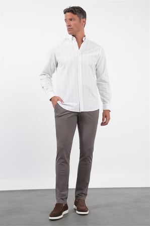Beyaz-Haki Yumuşak Yaka Uzun Kol Slim Fit Pamuklu Gömlek 1004260259
