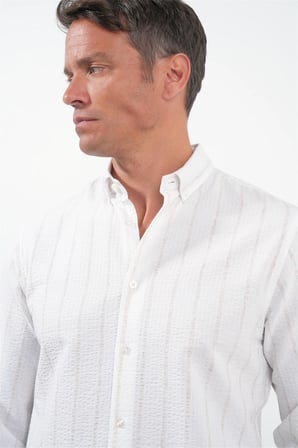 Beyaz-Haki Yumuşak Yaka Uzun Kol Slim Fit Pamuklu Gömlek 1004260259