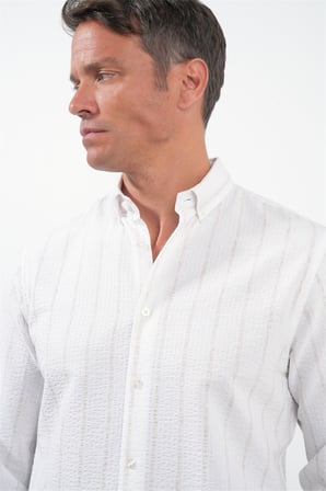 Beyaz-Haki Yumuşak Yaka Uzun Kol Slim Fit Pamuklu Gömlek 1004260259