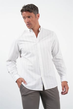 Beyaz-Haki Yumuşak Yaka Uzun Kol Slim Fit Pamuklu Gömlek 1004260259