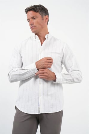 Beyaz-Haki Yumuşak Yaka Uzun Kol Slim Fit Pamuklu Gömlek 1004260259