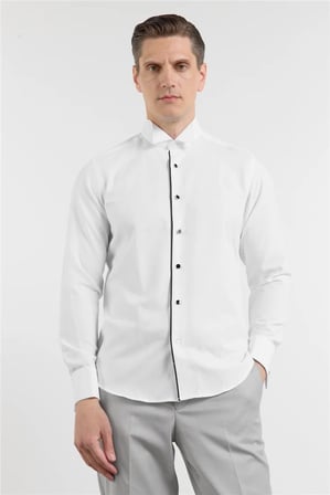 Beyaz Ata Yaka Uzun Kol Cepsiz Slim Fit Pamuklu Gömlek 1004260415