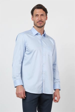 Koyu Mavi Sert Yaka Uzun Kol Cepli Saten Comfort Fit %100 Pamuk Gömlek 1004260423