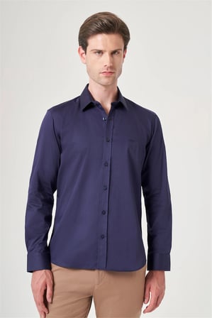 Lacivert Sert Yaka Uzun Kol Cepsiz Saten Slim Fit %100 Pamuk Gömlek 1004260424