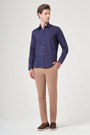 Lacivert Sert Yaka Uzun Kol Cepsiz Saten Slim Fit %100 Pamuk Gömlek 1004260424