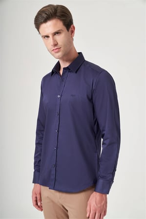 Lacivert Sert Yaka Uzun Kol Cepsiz Saten Slim Fit %100 Pamuk Gömlek 1004260424