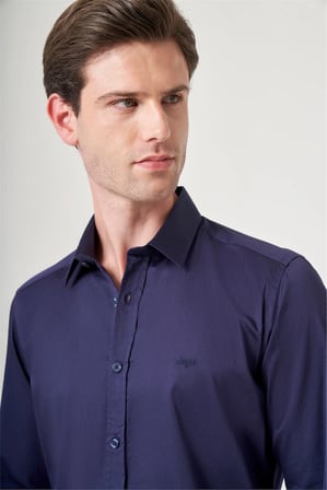Lacivert Sert Yaka Uzun Kol Cepsiz Saten Slim Fit %100 Pamuk Gömlek 1004260424