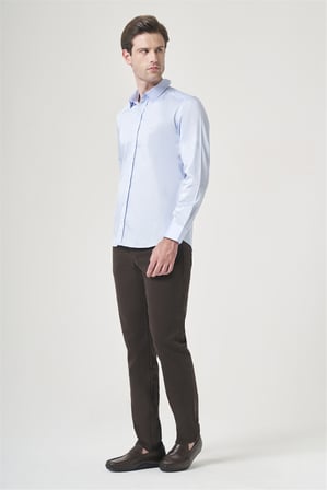 Mavi Sert Yaka Uzun Kol Cepsiz Saten Slim Fit %100 Pamuk Gömlek 1004260424