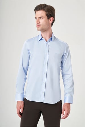 Mavi Sert Yaka Uzun Kol Cepsiz Saten Slim Fit %100 Pamuk Gömlek 1004260424