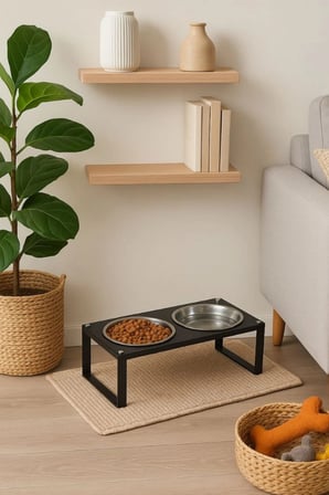 Reyo OK-AY Store Morvenn Eğimli XL Kedi Köpek Mama ve Su Standı Paslanmaz Çelik Kaplı Siyah