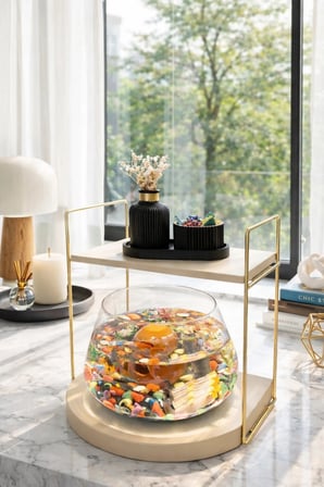 Reyo OK-AY Store Düz Raflı Işıklı Lüks Cam Fanus Beta Balığı İçin Dekoratif Akvaryum Gold-Krem