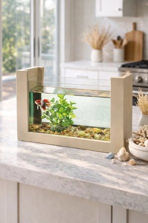 Reyo OK-AY Store Beta Balığı İçin Ahşap Mini Akvaryum Modern Doğal Minimal Tasarım Akvaryum Krem
