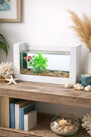 Reyo OK-AY Store Beta Balığı İçin Ahşap Mini Akvaryum Modern Doğal Minimal Tasarım Akvaryum Beyaz