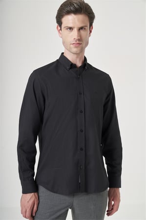 Siyah Düğmeli Yaka Oxford Slim Fit Pamuklu Gömlek 1004265124