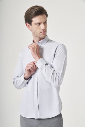 Gri Düğmeli Yaka Oxford Slim Fit Pamuklu Gömlek 1004265124