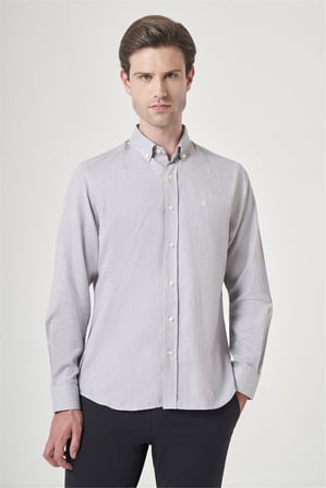 Gri Düğmeli Yaka Oxford Slim Fit Pamuklu Gömlek 1004265124