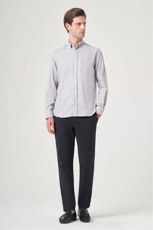 Gri Düğmeli Yaka Oxford Slim Fit Pamuklu Gömlek 1004265124