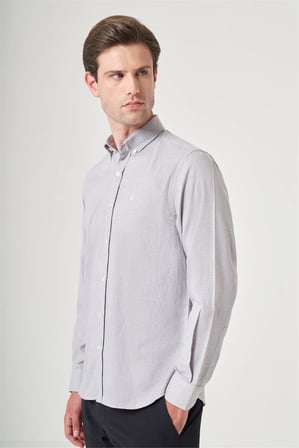 Gri Düğmeli Yaka Oxford Slim Fit Pamuklu Gömlek 1004265124