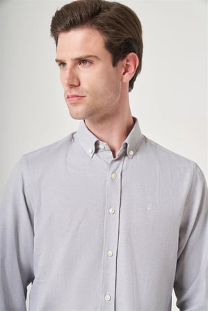Gri Düğmeli Yaka Oxford Slim Fit Pamuklu Gömlek 1004265124