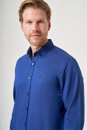Lacivert Düğmeli Yaka Oxford Slim Fit Pamuklu Gömlek 1004265124